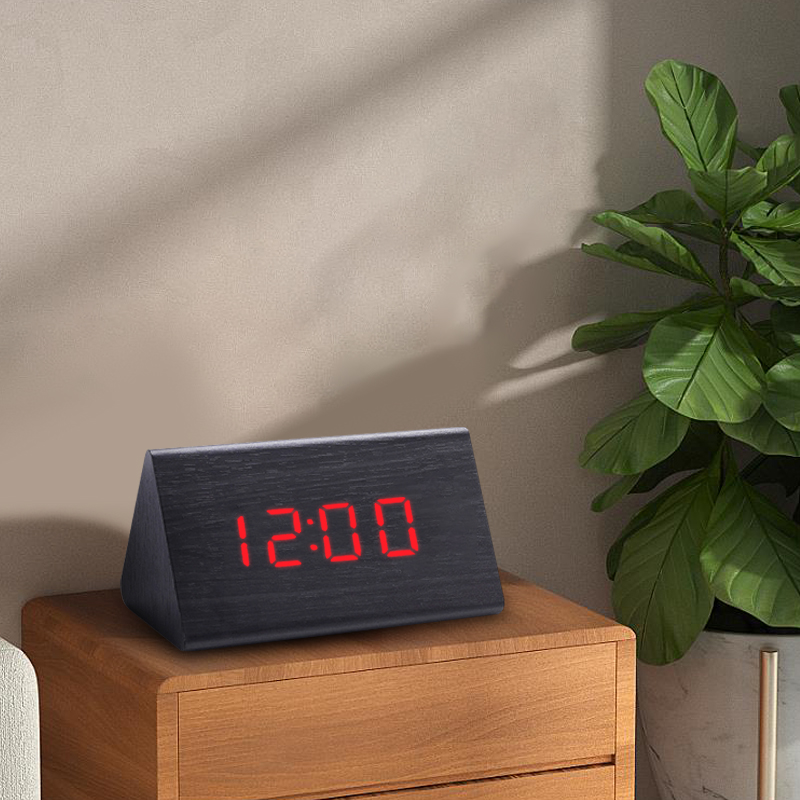 Simple wood grain triangle LED alarm clock