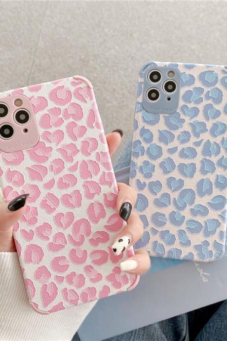 Simple blue mobile phone case pink leopard print phone case